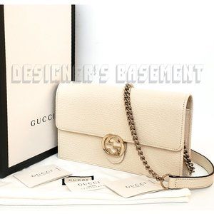 GUCCI Mini ICON ivory pebble leather INTERLOCKING G convertible Chain clutch Bag
